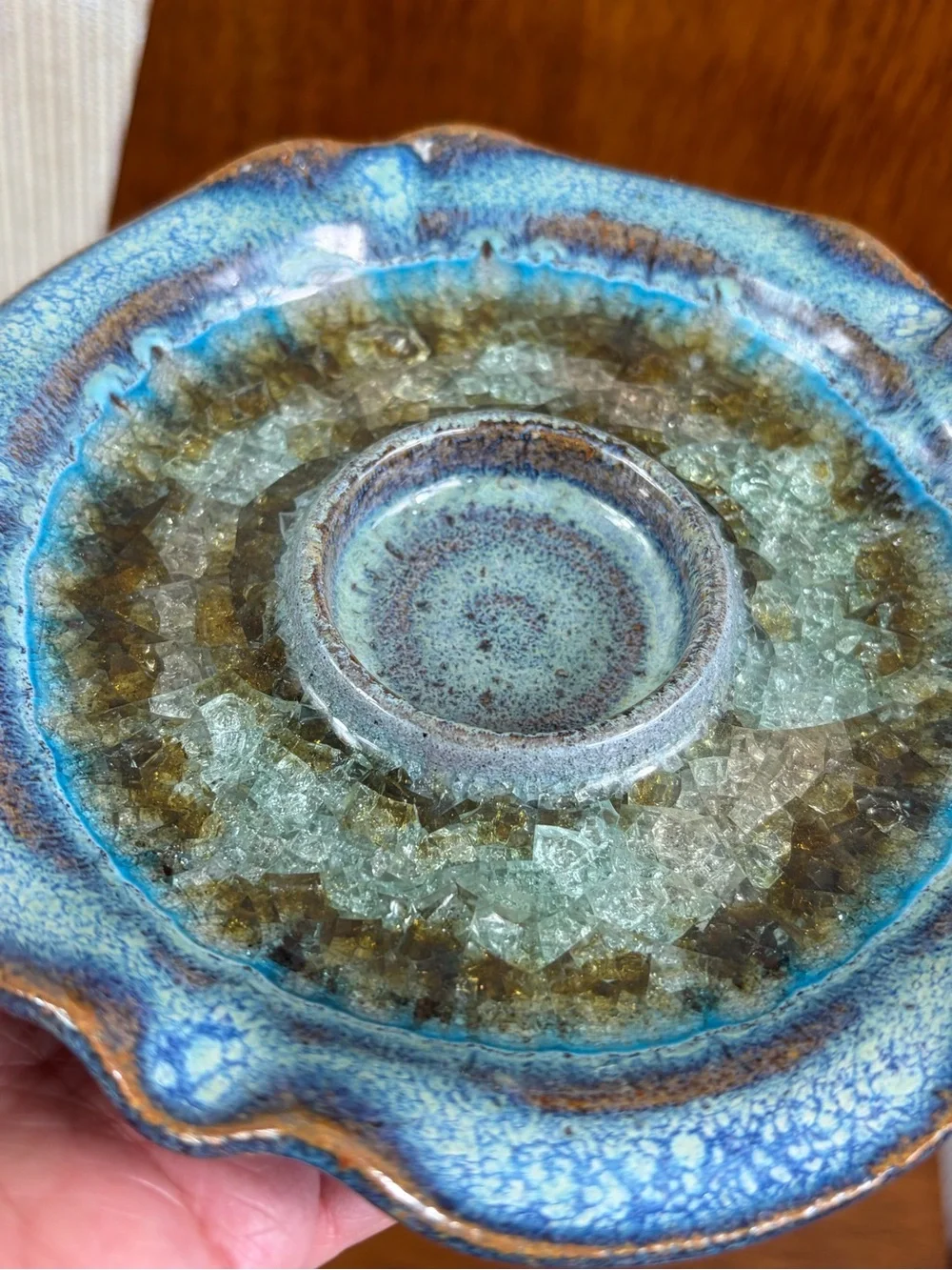 80's Studio Pottery Cerulean Blue Geode Votive Candle Holder Crackled Glass  USA
